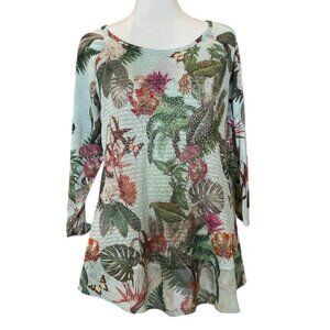 Green Tropical Floral Lightweight Sparkly Layered 3/4 Sleeve Tunic Top Blouse Lg